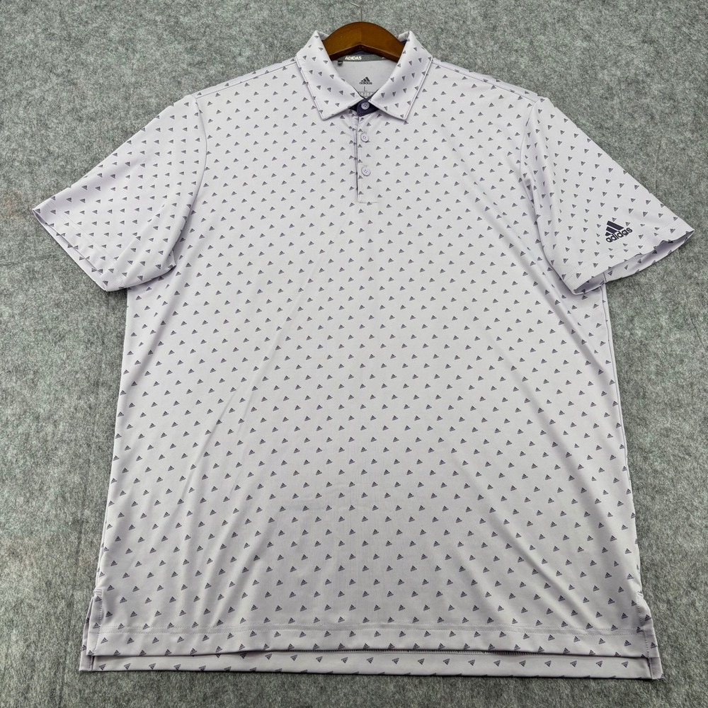Adidas Mens Golf Polo Shirt LG Purple All Over Logo Print Short Sleeve Stretch